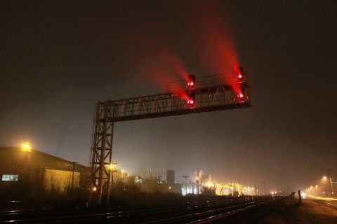 Train signals in bad weather.